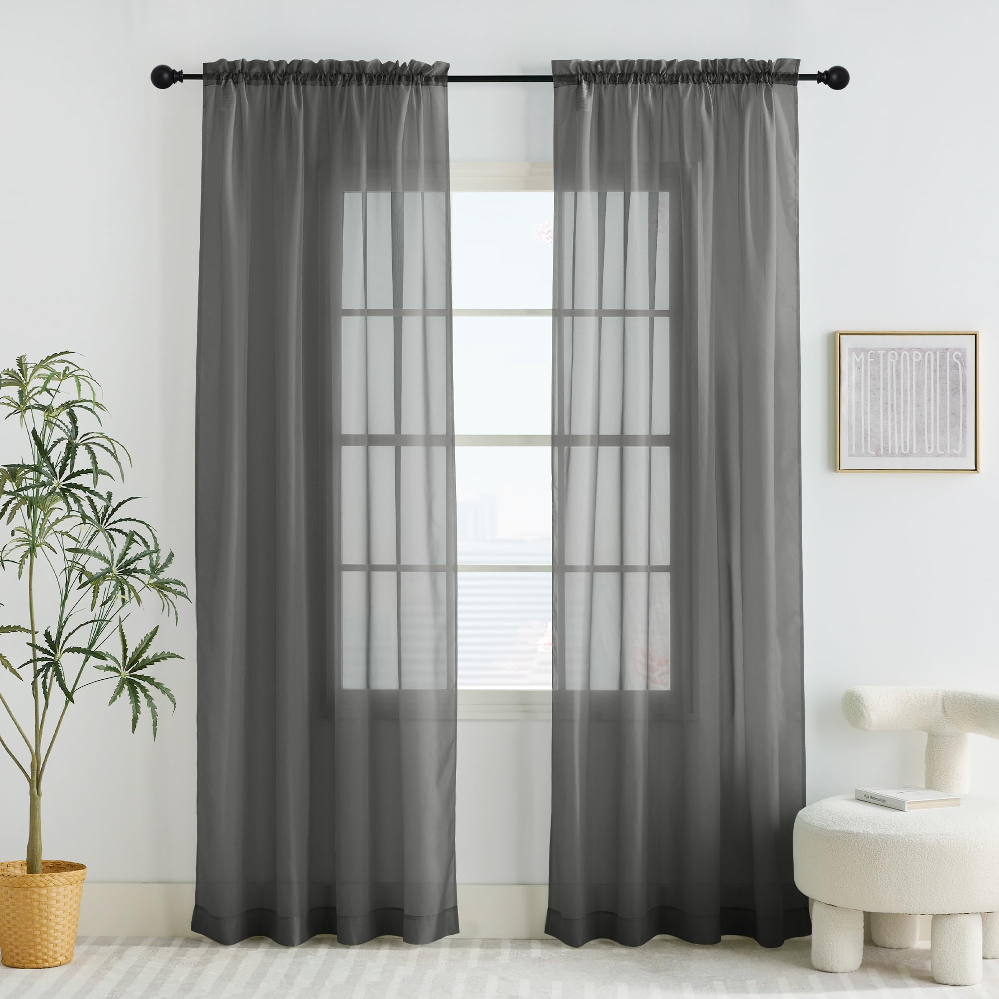 PONY DANCE Net Curtains for Windows - Dark Grey Voile Curtains 72 Drop Pair with Slot Top for Living Room/Bedroom/Nursery Semi Transparent Voile Sheer Panels, 60x72 inches, 2 Panels — image 1