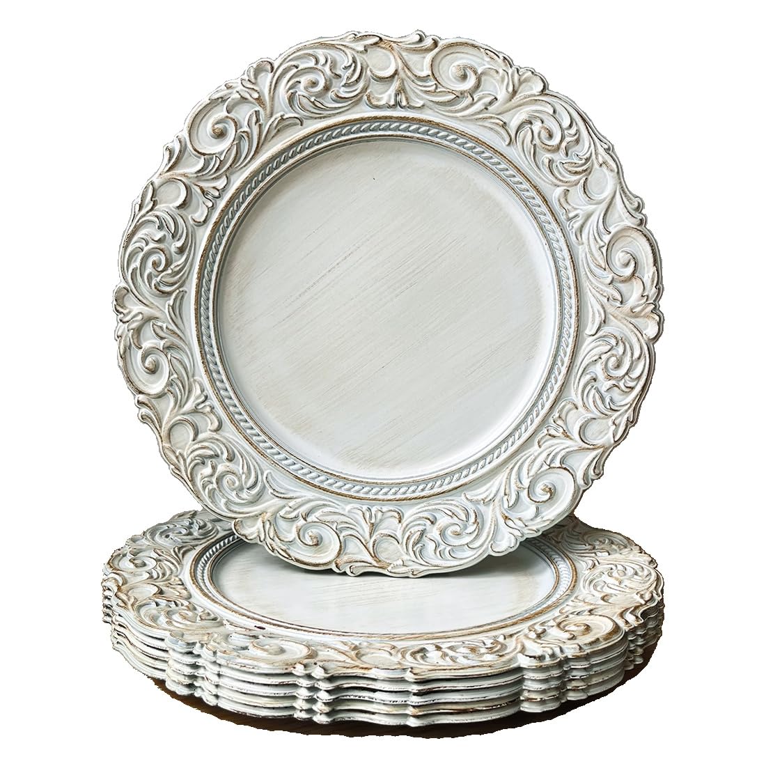 Photo 1 of Umisriro Antique Charger Plates, 13 Inch White Dinner Plate Chargers Round Server Ware. Set of 6 Plastic Embossed Charger for Dinner, Party, Wedding, Elegant Tableware Decoration. (White)
