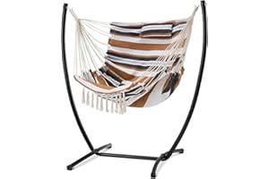 Homgava Hammock Chair with Stand,Heavy-Duty Hanging Bohemian Style Chair with Stand, for Indoor Outdoor,with Headrest and Side Pockets, Maximum Load Capacity 330lbs (Brown Stripe)