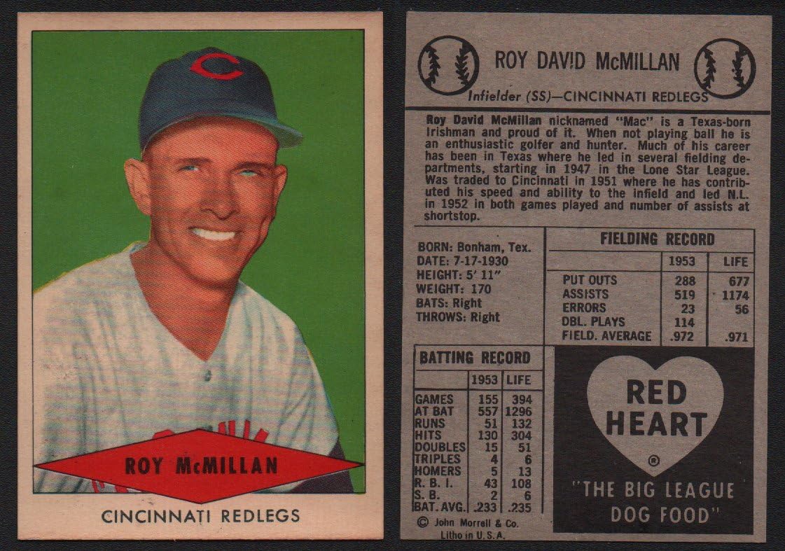 1954 Red Heart Dog Food Regular Baseball Card 21 Roy Mcmillan Of The Cincinnati Reds Nrmt Condition At Amazon S Sports Collectibles Store
