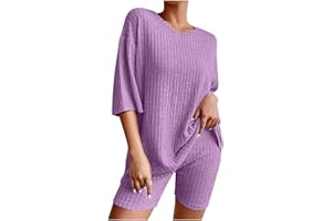 TAPANET Womens 2023 Casual Pajamas 2 Piece Lounge Sets Ribbed Knit Matching Outfits T-Shirt Biker Shorts Sleepwear Sweatsuits