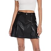 Fahsyee Black Leather Skirt for Women, Faux Mini Skirts with Pleated, A Line High Waisted for Date Concert Club Outfits