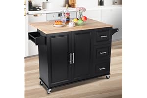 Unovivy Large Kitchen Island Cart with Drop Leaf, Kitchen Island with Storage, Rolling Kitchen Island with Adjustable Shelf Inside Cabinet, 3 Drawers, Spice Rack, Towel Rack and Wood Table Top(Black)