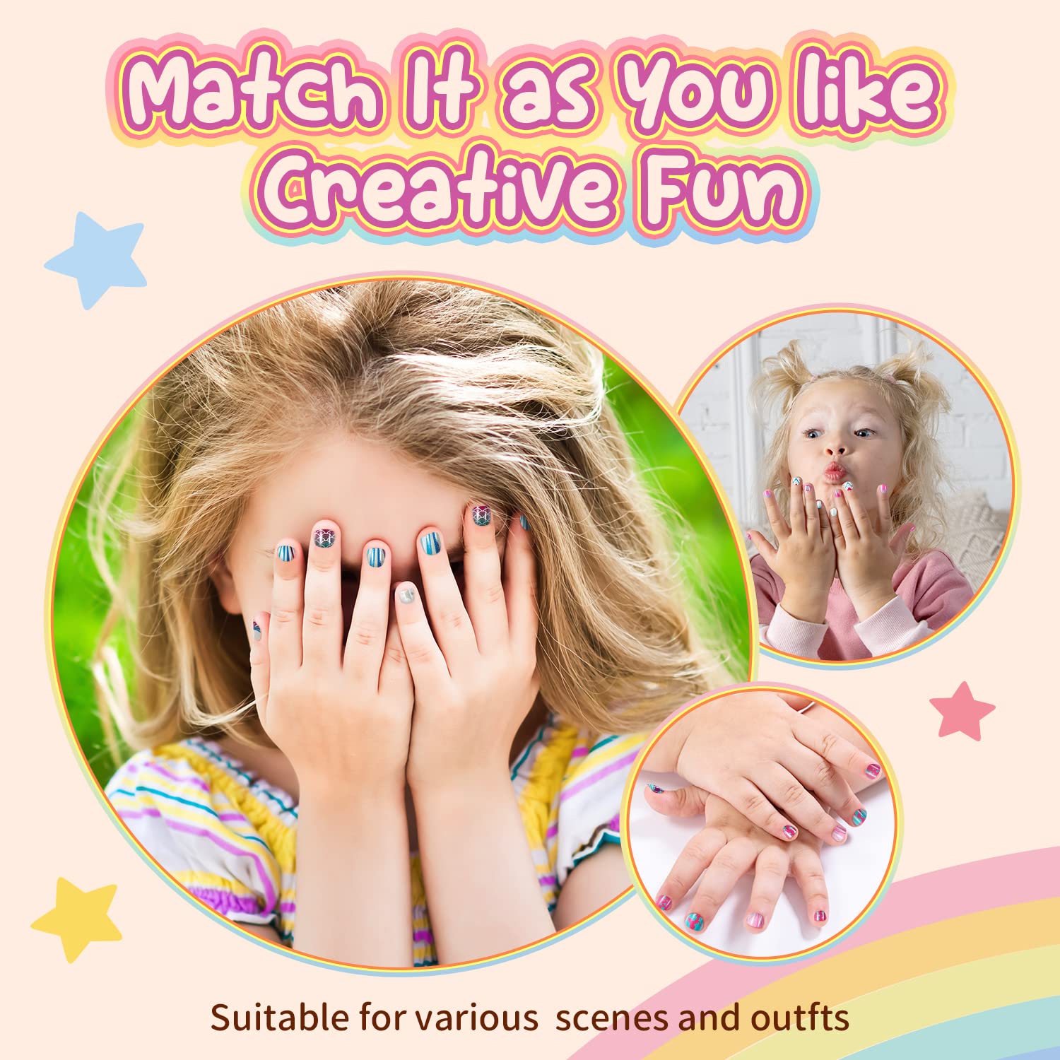 Modelones Press on Nails for Kids 144Pcs 6 Pack Children Acrylic Fake Nails Pre-glue Full Cover Glitter Gradient Color Mermaid Beach Short False Nail Art Kits Sets Easter Gifts for Kids Girls - Image 6