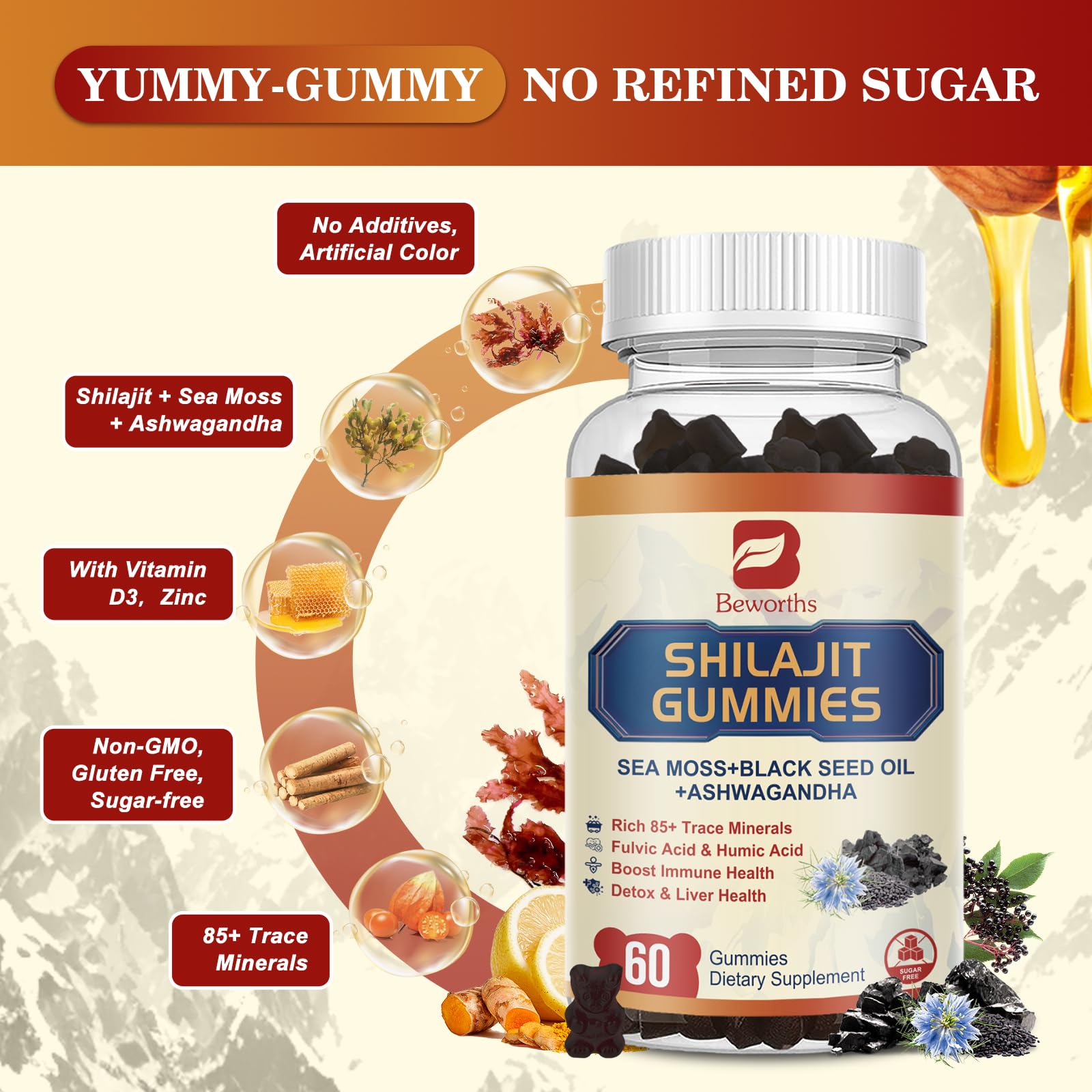 Shilajit Gummies for Men Women | 13-in-1 Shilajit Resin gummy with Irish Sea Moss, Ashwagandha, Black Seed Oil, Panax Ginseng, Honey, 85+ Trace Minerals & Fulvic Acid Supplement for Energy, Gut Health