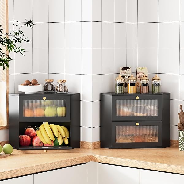 TRIRONSUN CORNER BAMBOO BREAD BOX FOR KITCHEN COUNTER DOUBLE LAYER BREAD STORAGE CONTAINER LARGE CAPACITY BREAD STORAGE BIN WITH WAVY ARCYLIC TRANSPARENT DOOR (BLACK)