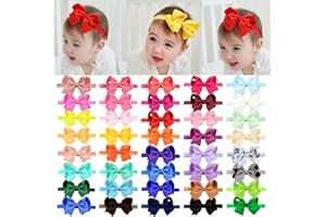 jollybows 40pcs Baby Girls Grosgrain Ribbon Hair Bows Headbands 4" Elastic Hair Band Hair Accessories for Infants Newborn- Natural Color Set