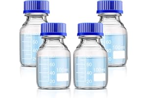 Patelai 4 Pieces Glass Round Media Storage Glass Bottles Borosilicate Media Bottles with GL45 Blue Screw Cap for Lab Water Reagent Liquids(100 ml)