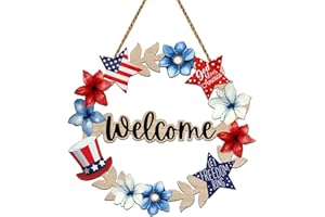 YUNKKIN 4th of July Decorations 4th of July Wreaths for Front Door Patriotic Wreath Fourth of July Door Decorations Memorial Day Wooden Welcome Sign Hanging Decor for Porch Wall Indoor Home Decor