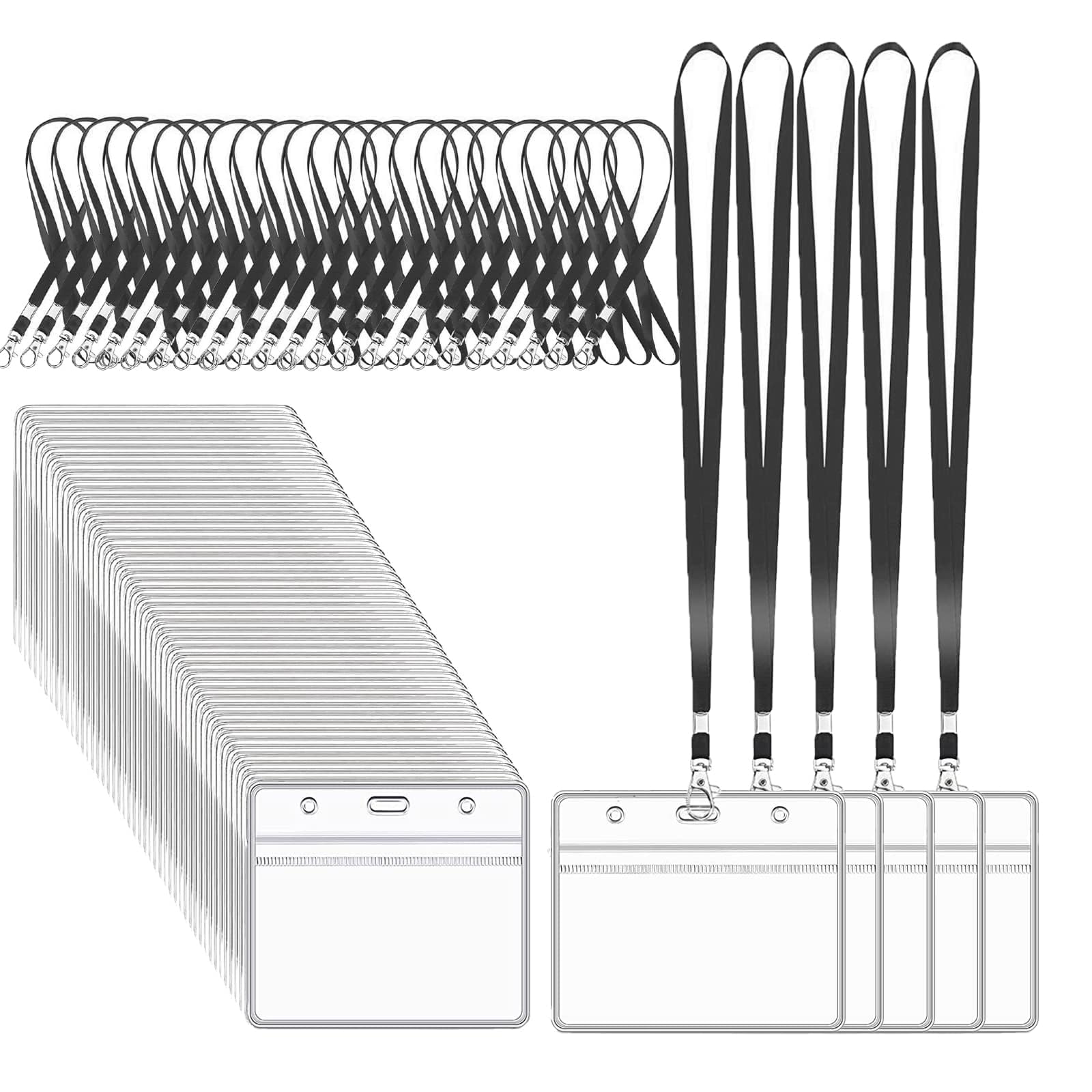 XHDA Black 50PCS Lanyards for Neck with 50PCS Card Holder, Lanyard with Clear Plastic Card Holder for ID Card and Staff