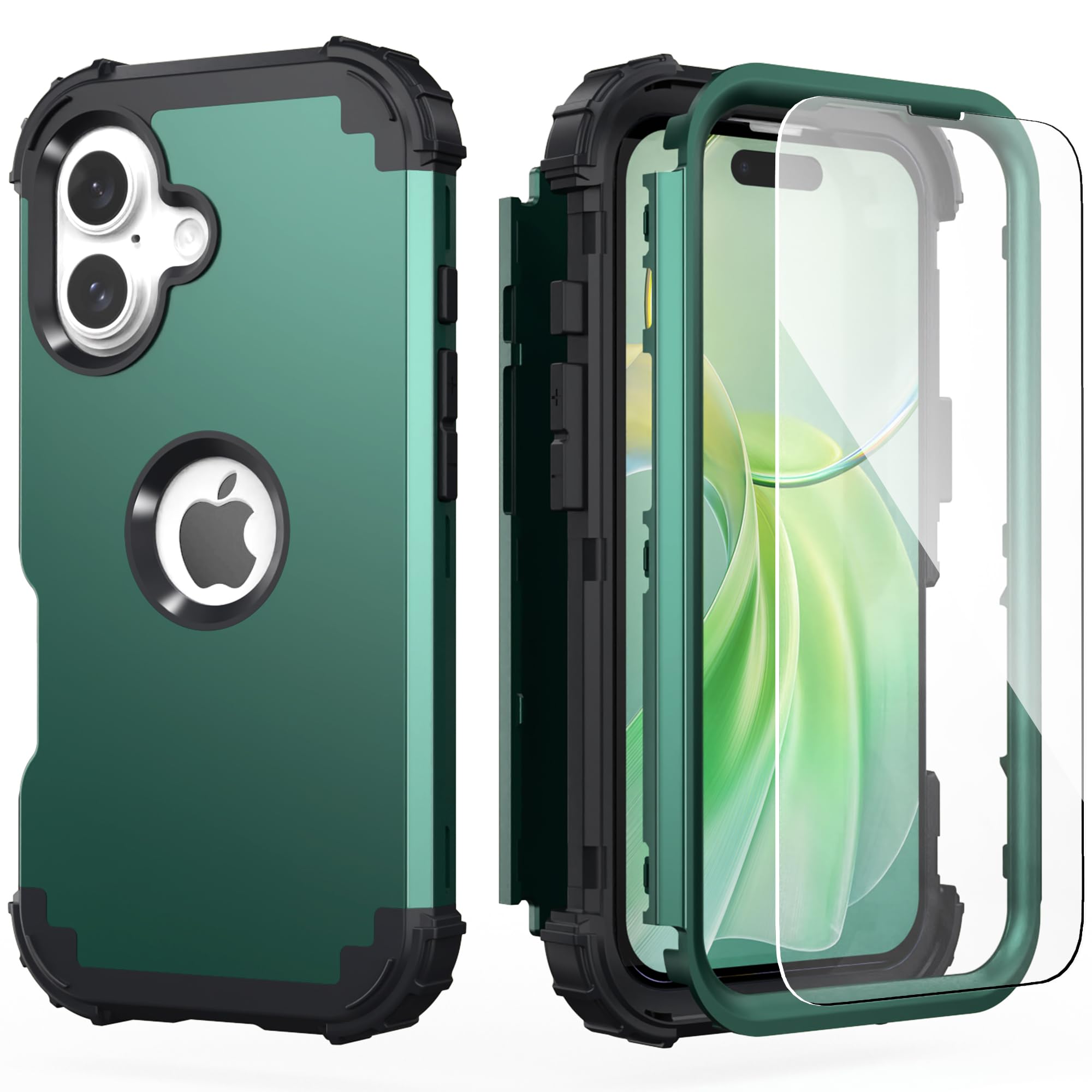 IDweel for iPhone 17 Case with Screen Protector for Women, 3 in 1 Shockproof Slim Fit Hybrid Heavy Duty Hard PC Cover Soft Silicone Bumper Full Body Anti-Fingerprint Case, Graphite Green/Black