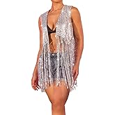 Asooll Sequin Fringe Vest Silver Sparkly Tassel Jackets Disco Outfits for Women