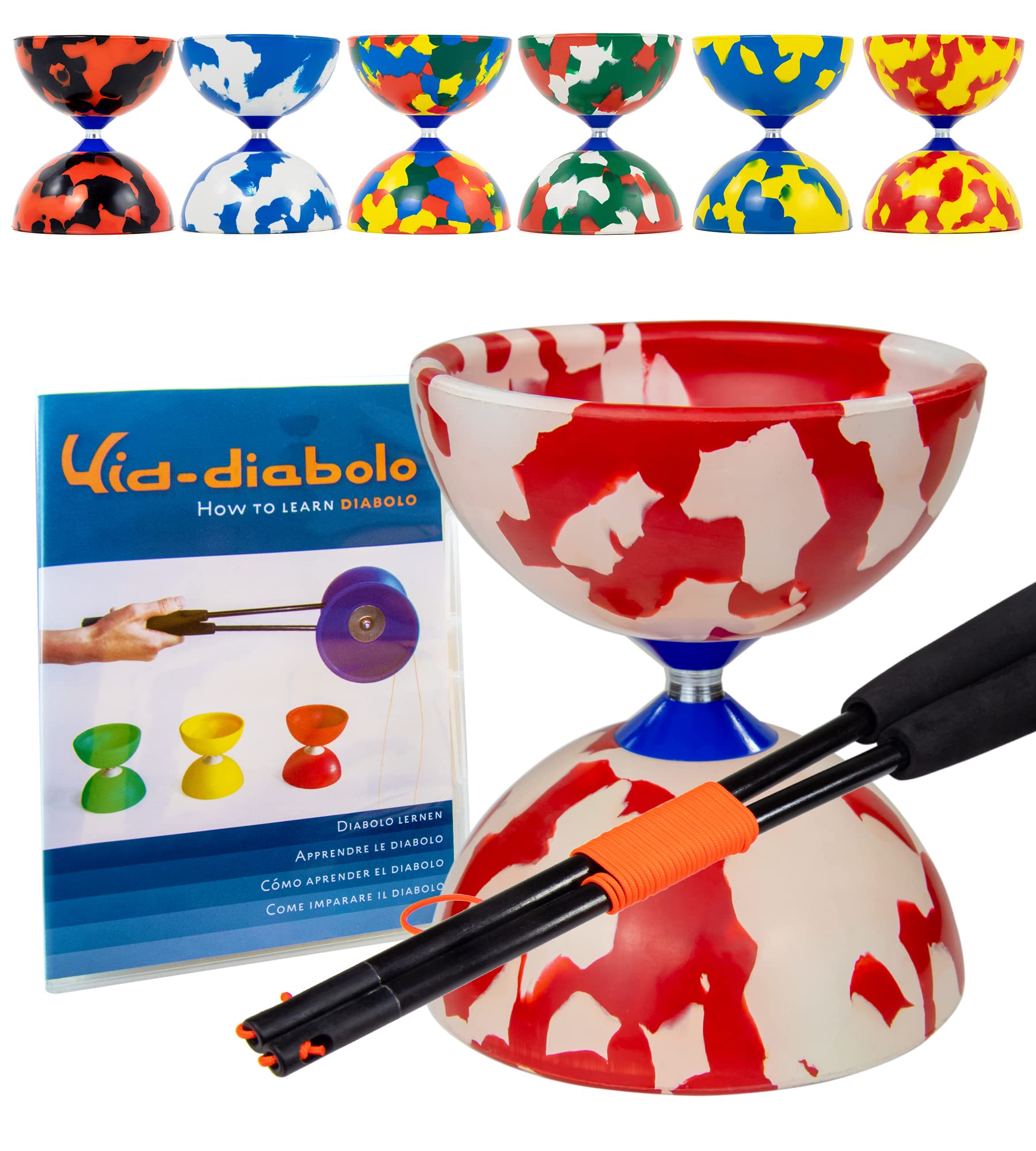 Juggle Dream Jester Diabolo Set - Fixed Axle Professional Diabolo with Super Glass Handsticks, Online Learning Video - Juggling Toy (Red/White)