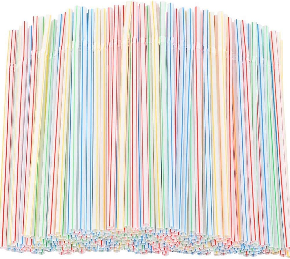 Flexible Plastic Straws 300 Pack - Striped Multi Colored BPA-Free Disposable Bendy Straw 8" Long - by YANGTE