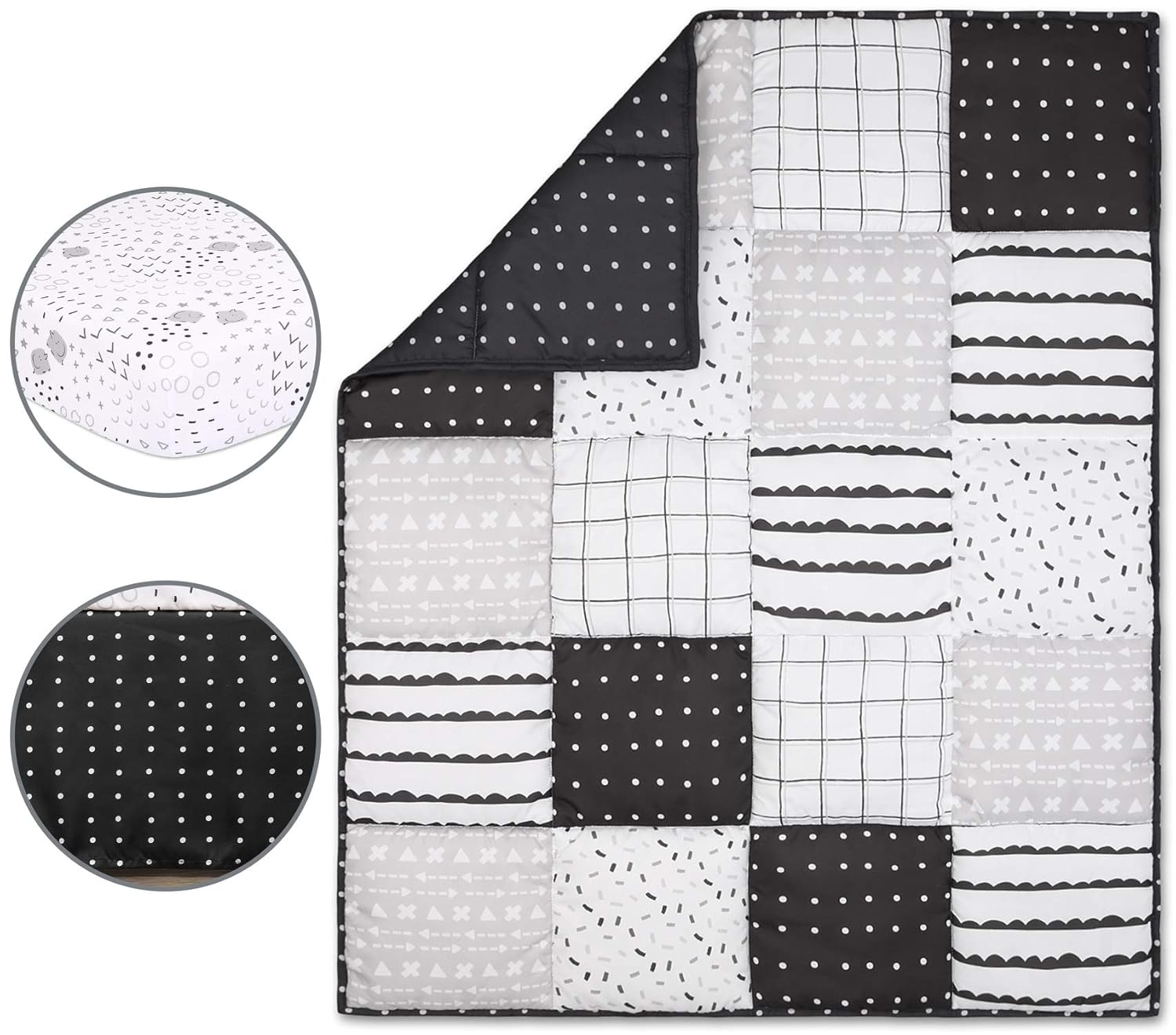 The Peanutshell Black and White Crib Bedding Set for Baby Boys or Girls | 3 Piece Nursery Set | Crib Quilt, Fitted Sheet, Dust Ruffle : Baby