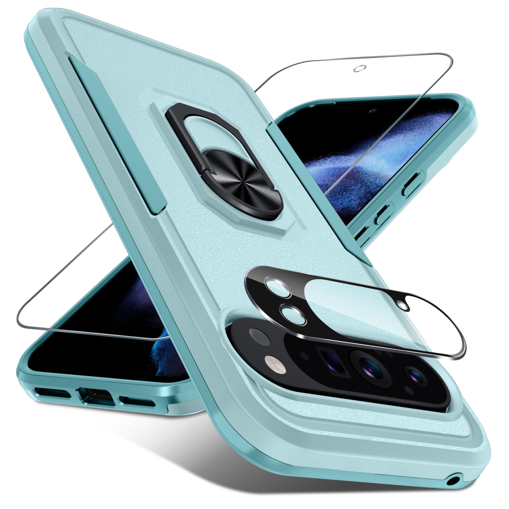 Photo 1 of for Google Pixel 10/10 Pro Case with Screen Protector + Camera Lens Protector,Heavy Duty Shockproof Full Body Protective Cover Built in Rotatable Metal Ring Holder Kickstand,2025 Mint Green