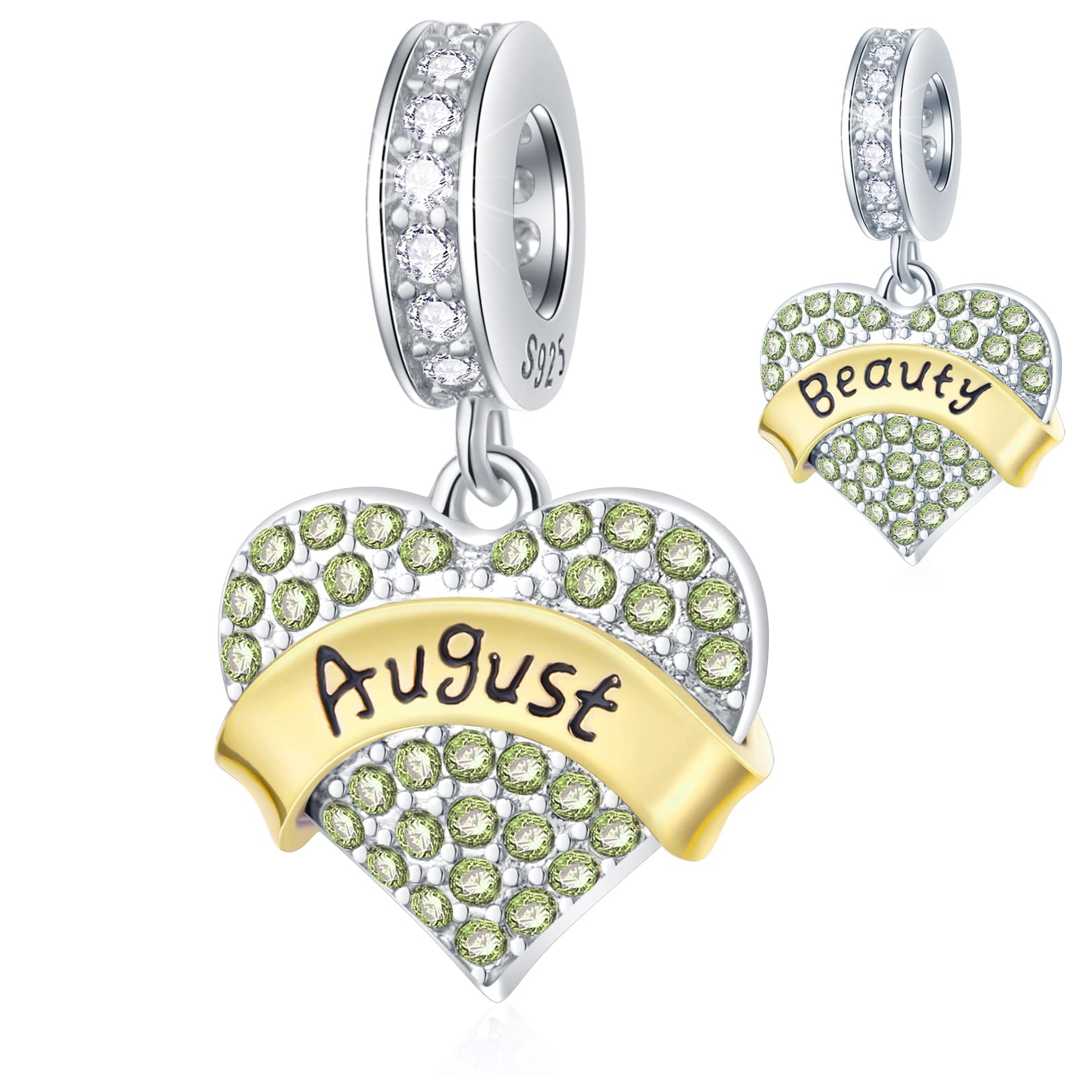 August Birthstone is Beauty Heart Charms, fits Pandora Birthday Bracelet, Peridot CZ Pendant with Gold Plated Ribbon, 925 Sterling Silver Sparkle Beads, Gift for Aunt/Niece/Mum