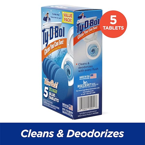 TY-D-BOL BLUE TABLETS VALUE 5 PACK, CLEANS AND DEODORIZER TOILETS FOR A FRESH SMELLING BATHROOM