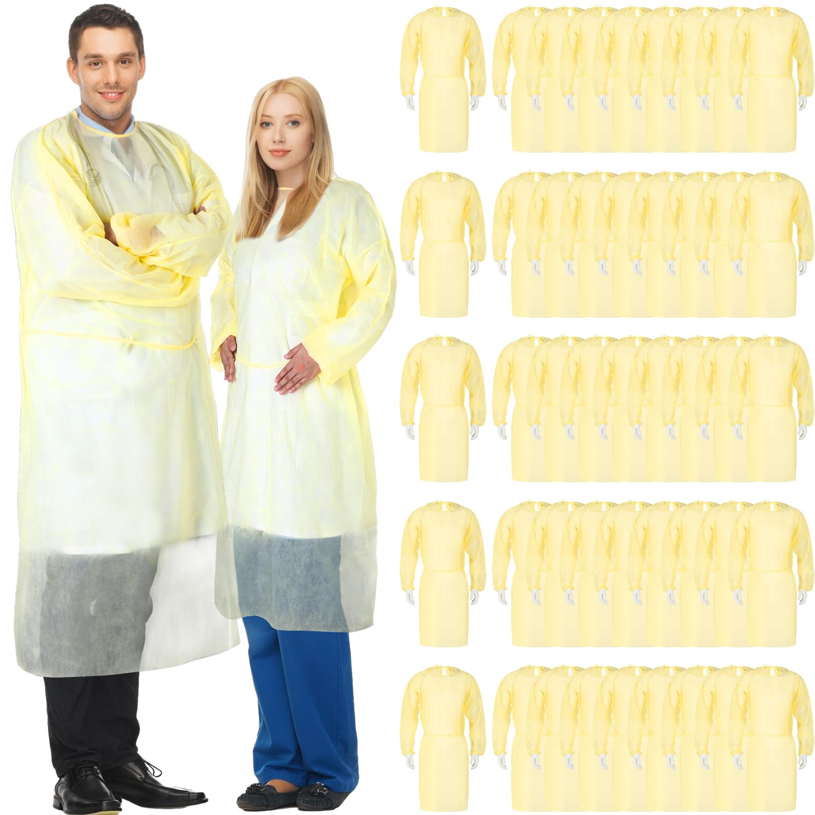 View 1 of Xuhal 40 Pack Disposable Isolation Gowns PPE Gowns Disposable Bulk Fully Closed Double Tie Back Elastic Cuffs for Home Isolation, Labs, Dental, Beauty Agencies, Tattoo Practices, Unisex (Yellow)