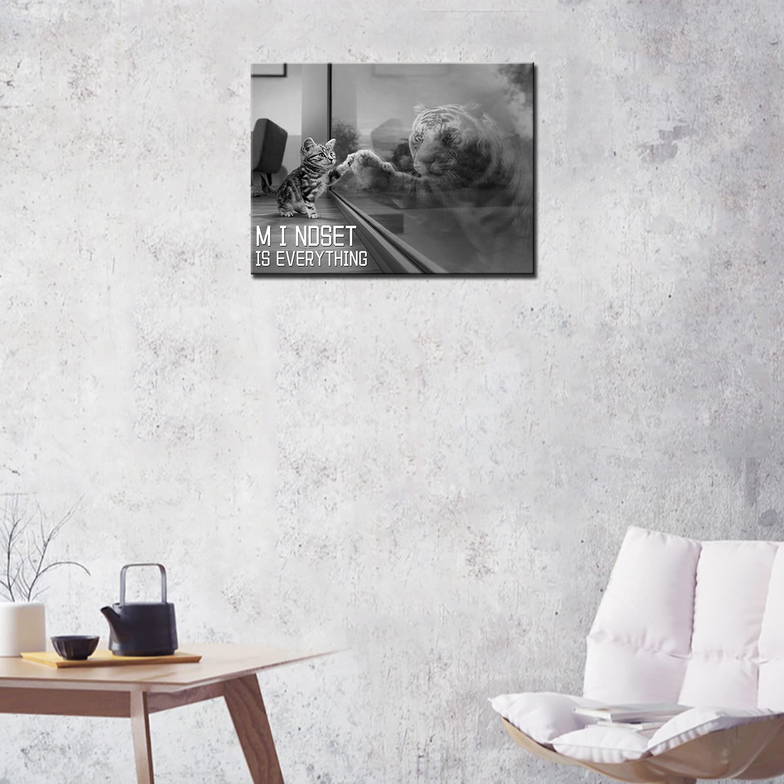 Mindset is Everything Canvas Wall Art Encouraging Mindset Kitten Quotes Poster Framed Cat Motivation Wall Decor for Home Office Workplace Teamwork Gift for Entrepreneur Men Women 16”Wx24”H