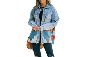 Haellun Women's Aztec Shacket Distressed Lapel Long Sleeve Button Down Jean Denim Jacket Coat