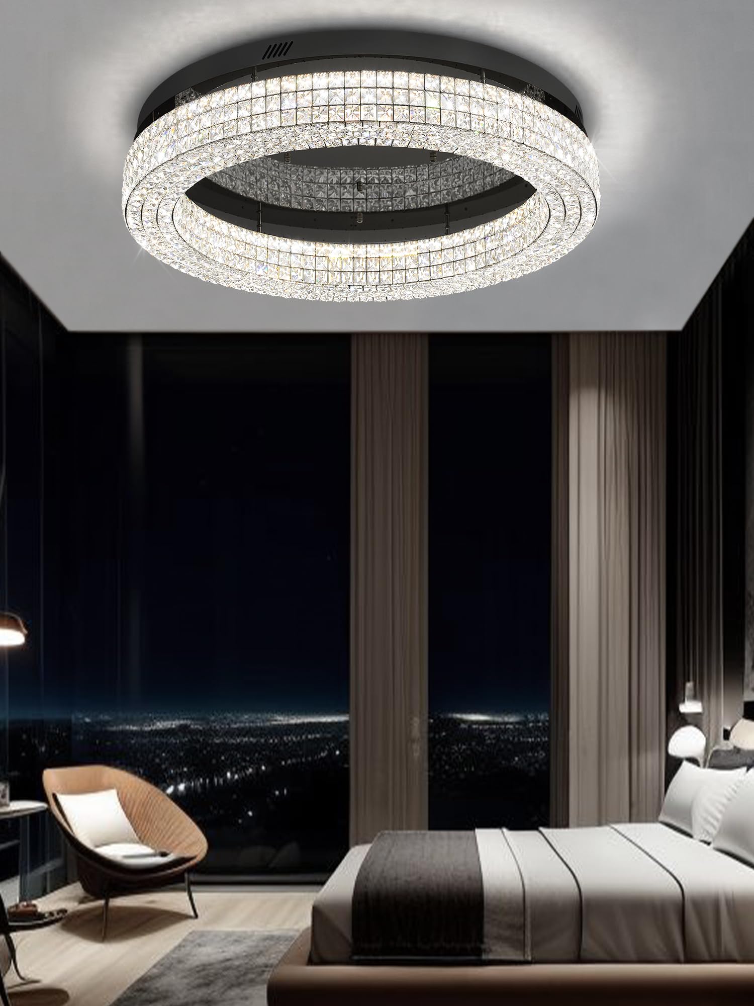 Photo 1 of ykolupty 32'' Modern Chandeliers for Living Room Crystal Chandelier Flush Mount Ceiling Light Fixture for Dining Room Living Room Bedroom Dimmable 2700-6000K (Black Chandelier)