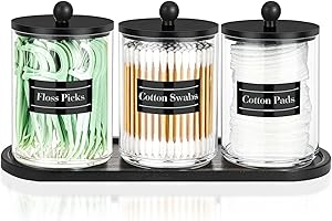 Vituney Acrylic Jars for Qtip Holder Dispenser with Black Labels Bamboo Tray - Modern Bathroom Organizer Set for Cotton Round