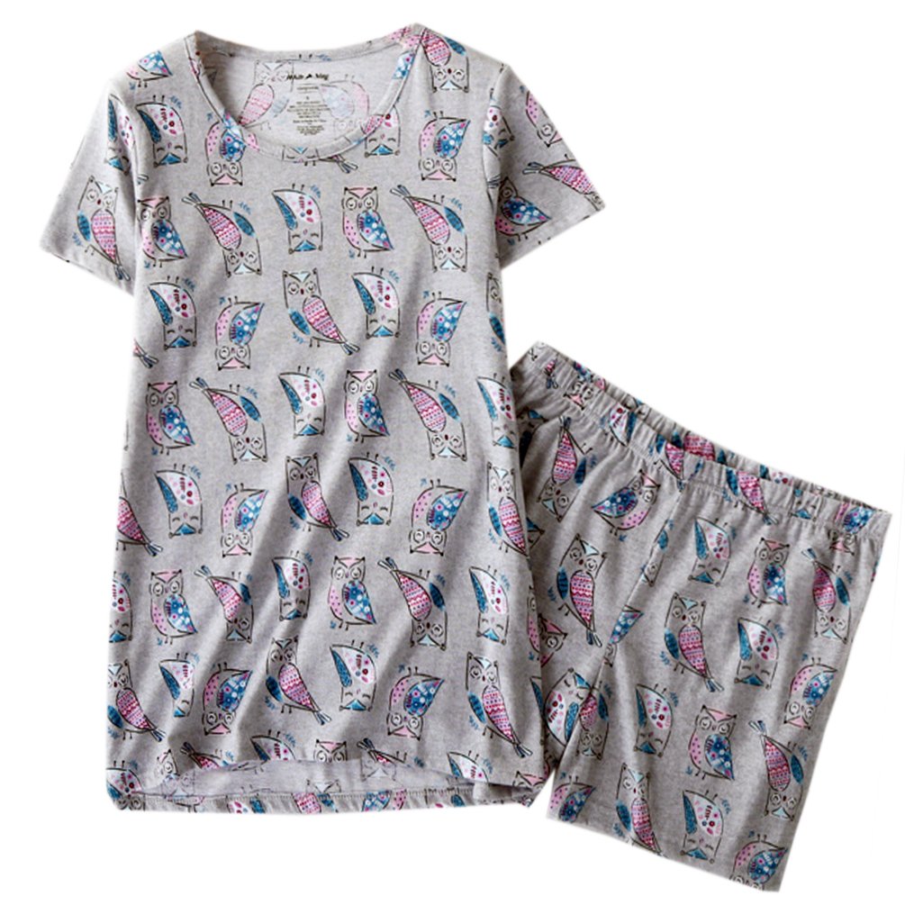 ENJOYNIGHT Women\'s Cute Sleepwear Print Tee and Shorts Pajama Set (Medium, Owl)