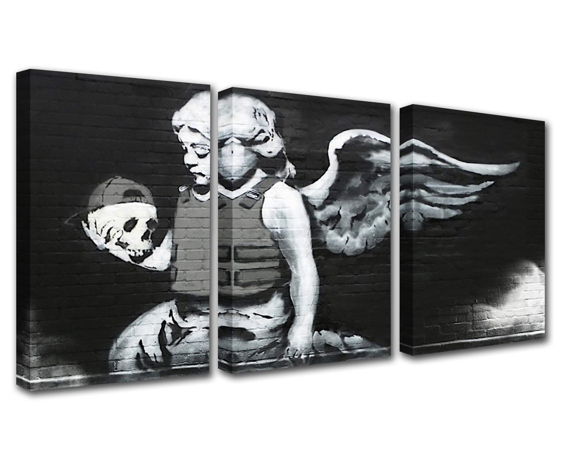 Black and White Banksy Canvas Wall Art for Living Room Decor Skull Angel Girl Graffiti Street Art Kitchen Wall Decor Artwork Home Decor Room Wall Pictures Print Pop Graffiti Street Art 42x20 Inch — image 1