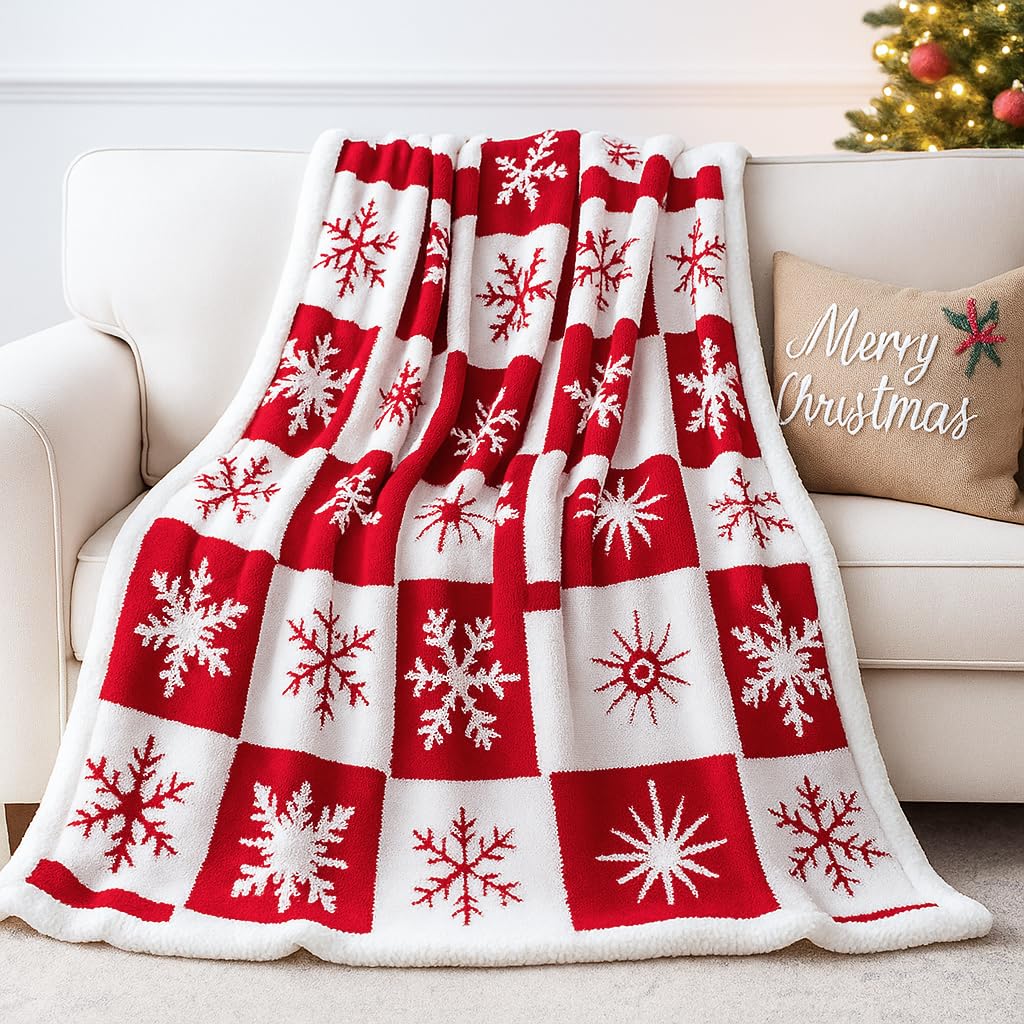 EAQ Sherpa Christmas Blanket, Fleece Blanket for Adults, Soft Thick Tleece Throw Blanket Fluffy Blanket Christmas Throw for Sofa, Bed and Couch (Snowflake Red, 130x150cm)