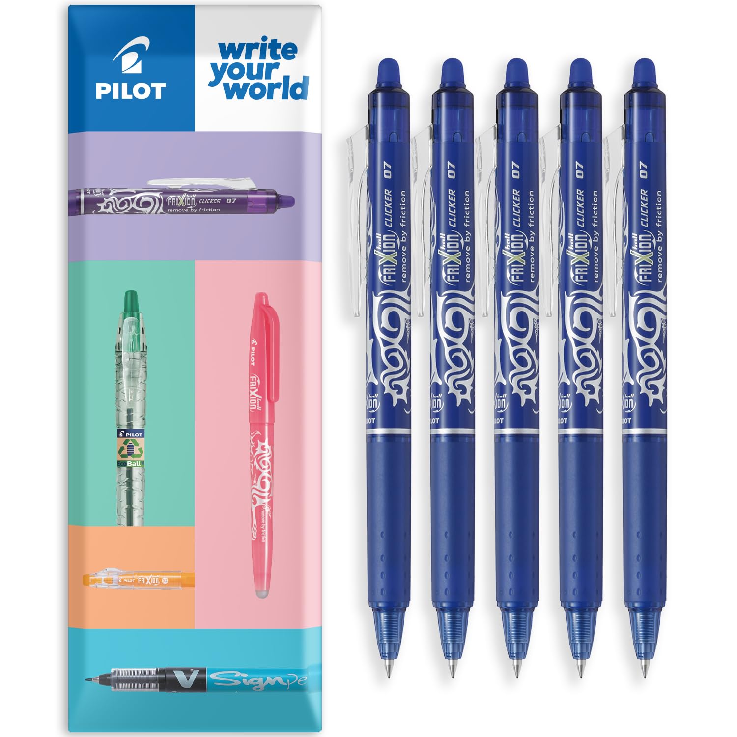 PILOT FriXion Clicker Fine Erasable Friction Rollerball Pen - Retractable Tip 0.7mm Nib 0.35mm Line Width - In Envelope Gift Packaging - Pack of 5 - Blue