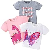 MYYUNUO Girls Short-Sleeve T-Shirts Butterfly Dinosaur Mushroom Cute Tops Pack of 3
