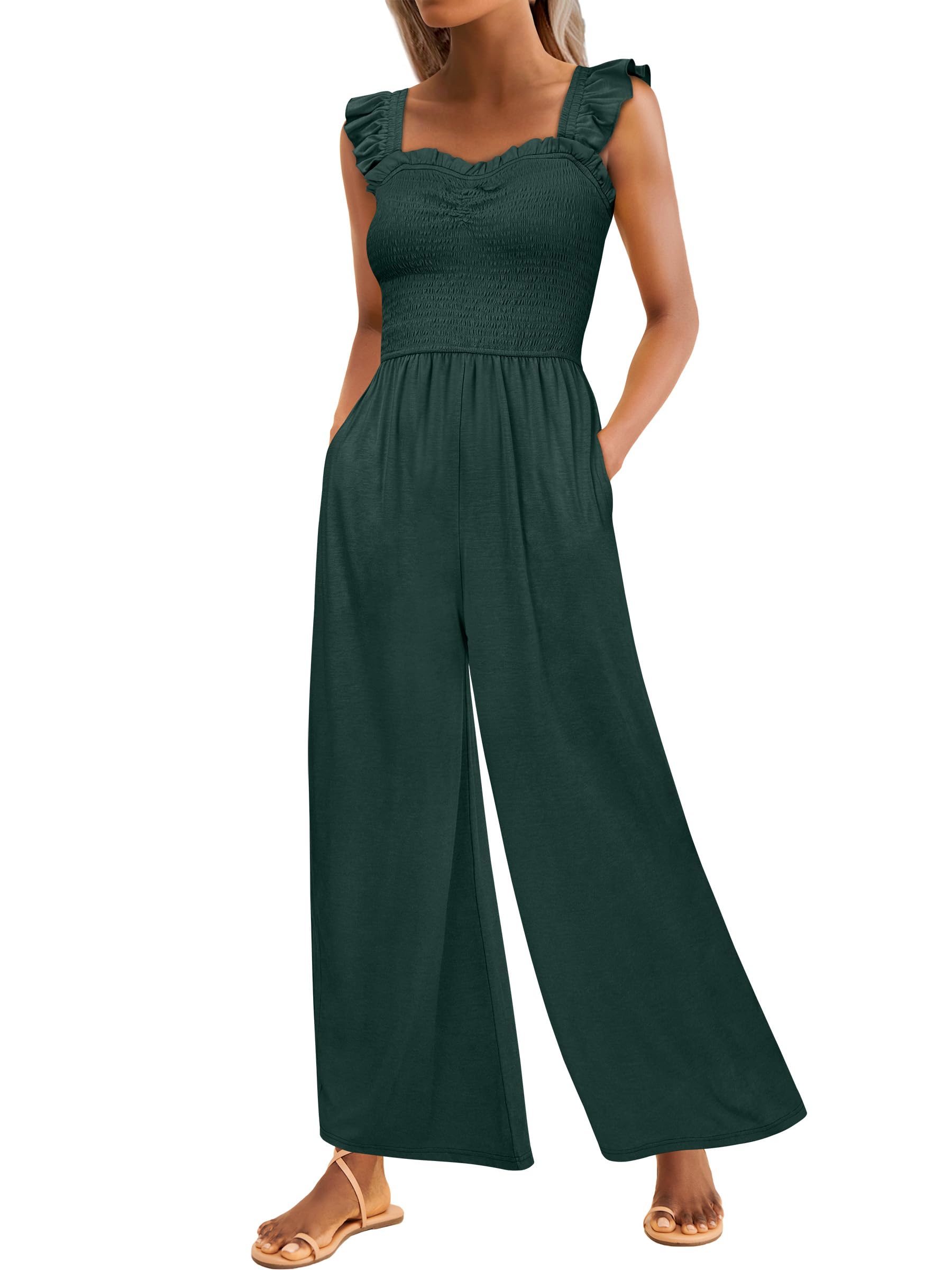 Photo 1 of *dark green/small* Caracilia Womens Jumpsuit Sleeveless Casual Dressy Smocked Wide Leg Rompers Summer Vacation Jumpers with Pockets 2025 Outfits Forest Green Small