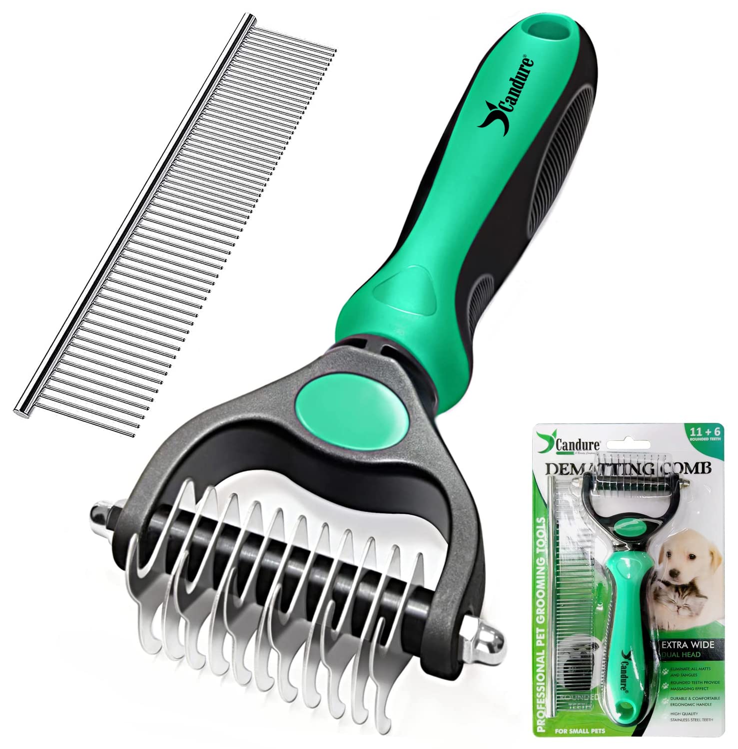 Candure Dematting Comb for Dog and Cat, Pet Grooming Rake and Brushes for Small & Medium Dogs 11+6 Double Sided Blade Deshedding Tool Removes Knots, Undercoat, Mats and Tangled Hair (Green)