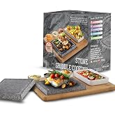Artestia Hot Stone Steak Cooking Set &ndash; 2 Natural Granite Grill Stones + 1 Bamboo Tray +1 Salad Plate &amp; 3 Sauce Bowls &ndash; Indoor/Outdoor BBQ Sizzling Steak &amp; Seafood Grilling Gift