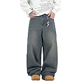 QGRSWBC Men's Baggy Jeans Loose Fit Denim Pants Mid Waist Trousers Wide Leg Skater Jeans Y2K Streetwear