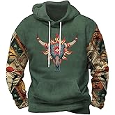 Dirxi Vintage Fashion Men's Autumn/Winter Hooded Western Cowboy Aztec Fun Artistic Prints Sweatshirt Patchwork Pullover