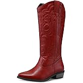 mysoft Women's Cowboy Boots Mid Calf Cowgirl Embroidered Western Pointed Toe Chunky Heel Pull On Knee High Boots