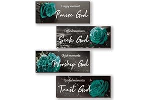 ONIZHITY 4 Pcs Teal Bathroom Decor Religious Wall Art Turquoise Bathroom Bible Verse Inspirational Teal Rose Wall Decor Wooden Christian Sign for Home Office Bedroom Living Room Kitchen(Teal 10x4)