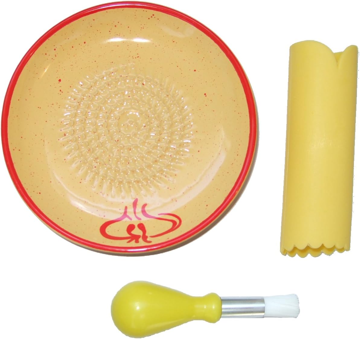 Cooks Innovations Ceramic Grater Plate 3 Piece Set - Grater, Peeler, Brush - Beautiful Garlic Design - Red & Yellow