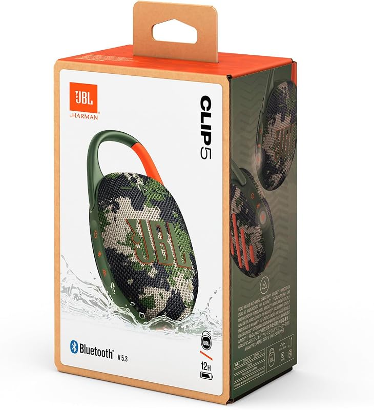 CLIP5 Altavoz Bluetooth, Carga USB C, IP67 a Prueba de Polvo, Impermeable, Compatible con Aplicaciones, Estructura de mosquetón, radiador pasivo, portátil, escuadrón