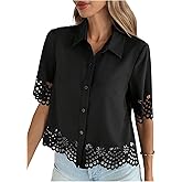 SOLY HUX Women's Button Down Shirts Hollow Out Collared Half Sleeve Blouses Casual Summer Tops