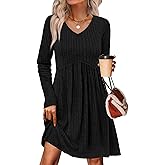 OFEEFAN Long Sleeve Sweater Dress Fall Dresses 2025 V Neck Empire Waist Baby Doll Dresses Women Casual Dress with Pockets