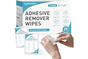 Summerbrite Adhesive Remover Wipes, XL(6.1"x4") No-Sting & Gentle 36 Pack/Box Ostomy Adhesive Remover for Skin, Bandage, Ostomy, Stoma, Colostomy Devices and Dressings Residue, Individual Wrapped