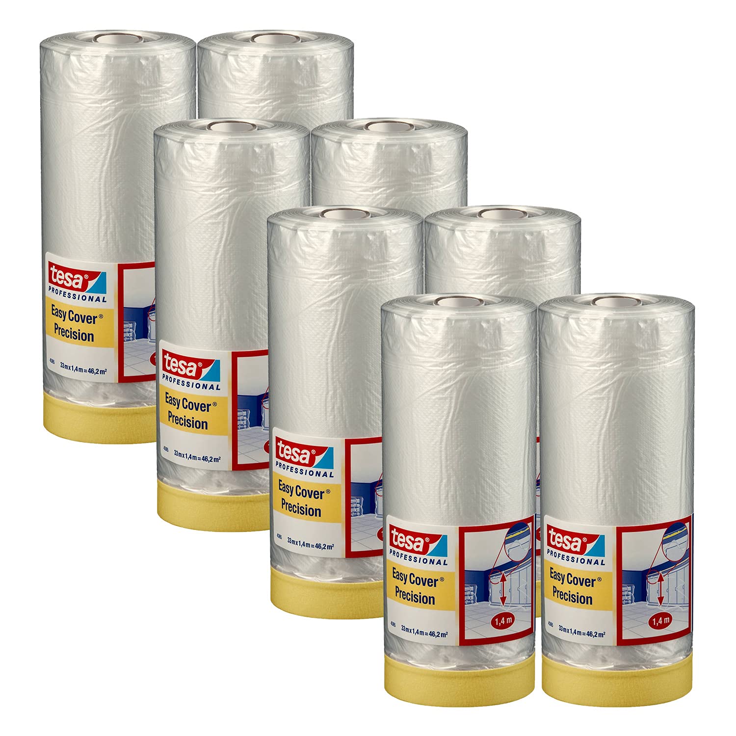 tesa Easy Cover 4365 Precision - Pack of 8 - Painter's Film with Painter's Tape for Masking and Covering during Painting - 2-in-1 Masking Tape with Film - Transparent - 33 m x 1.4 m Each