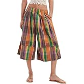 chouyatou Women's Retro Plaid Wide Leg Cropped Pants Y2k Baggy Culottes Capri Palazzo Pants with Pockets