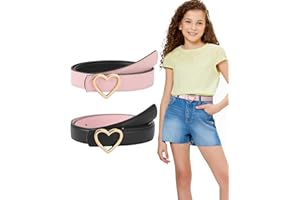 Monopa Girls Reversible Leather Belt - Heart Buckle Kids Belt Girls for Jeans Dress