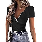 OwnTime Womens Summer Tops Short Sleeve Shirts Sexy V Neck Slim Fit Zip Up Tops Ribbed Knit Henley Shirts Blouses