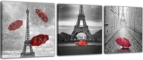 Amazon Com Nan Wind 3 Piezas De Lona De Paris Impresiones En Lienzo Blanco Y Negro Con Paraguas Rojo Torre Eiffel Decoracion Rojo Coche Rojo Pintura De Pared Sobre Lienzo Estirada Y Enmarcada