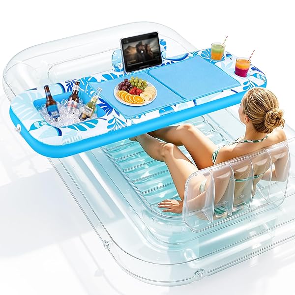 AYEBOOVI EXTRA LARGE INFLATABLE TANNING POOL FLOAT TRAY – 61″ L X 18″ W NON-SLIP SUNBATHING BED TRAY WITH COOLER ICE BAR FOR TANNING LOUNGE RAFT & BLOW UP SUNTAN TUB POOL STUFF PARTY GIFTS